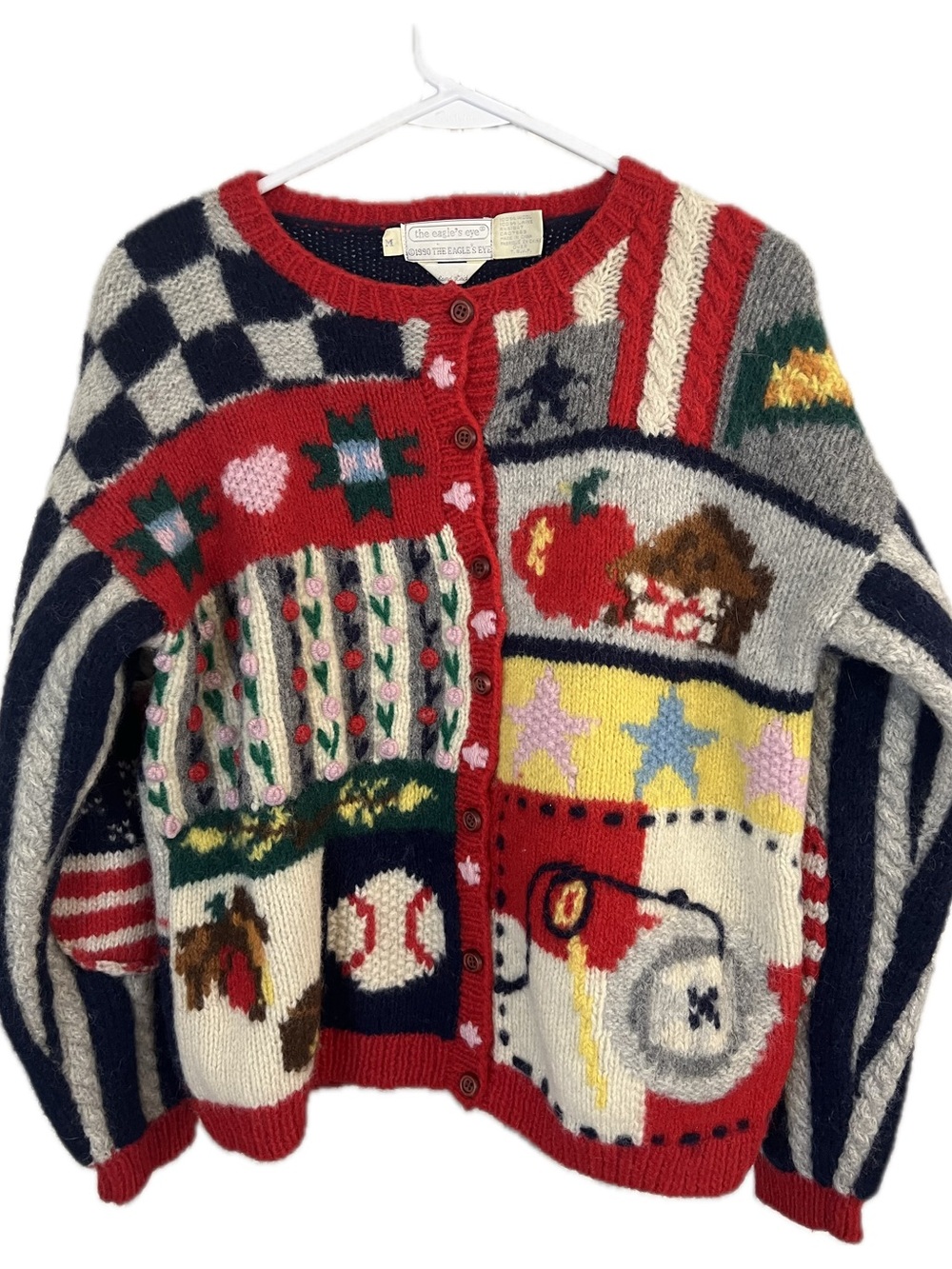 Women Vintage Eagles Eye Patchwork Handknit Americana Wool Button-Up Cardigan